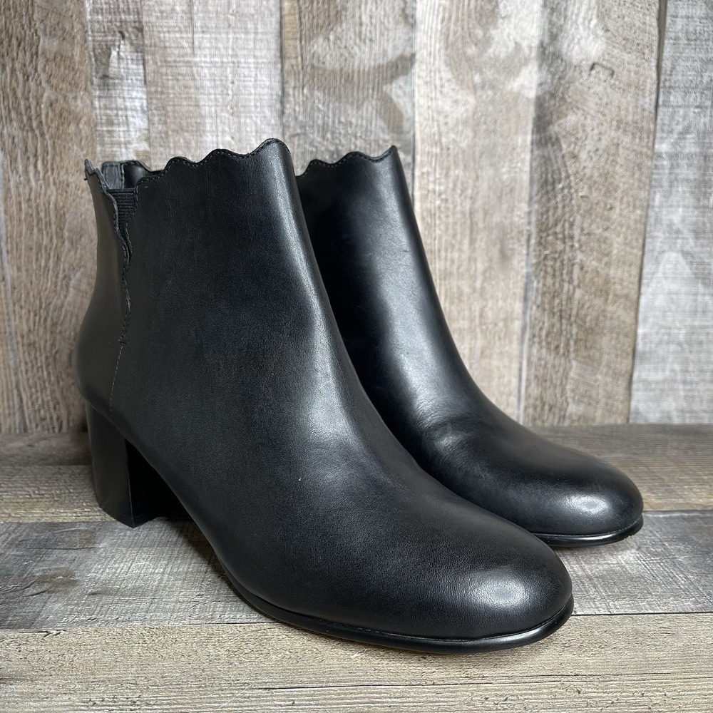 New Womens Lands End Black Leather Scalloped Heeled Ankle Boots Booties Size 9 B